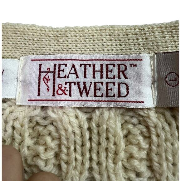 Heather & Tweed Fisherman's Cream Cable Knit Wool Button Cardigan Sweater Large - Picture 3 of 11